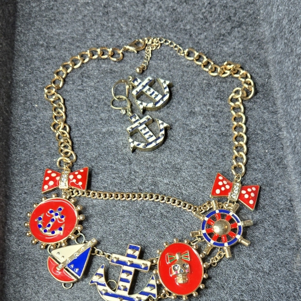 Gold Nautical Charm Necklace with Red and Blue Accents